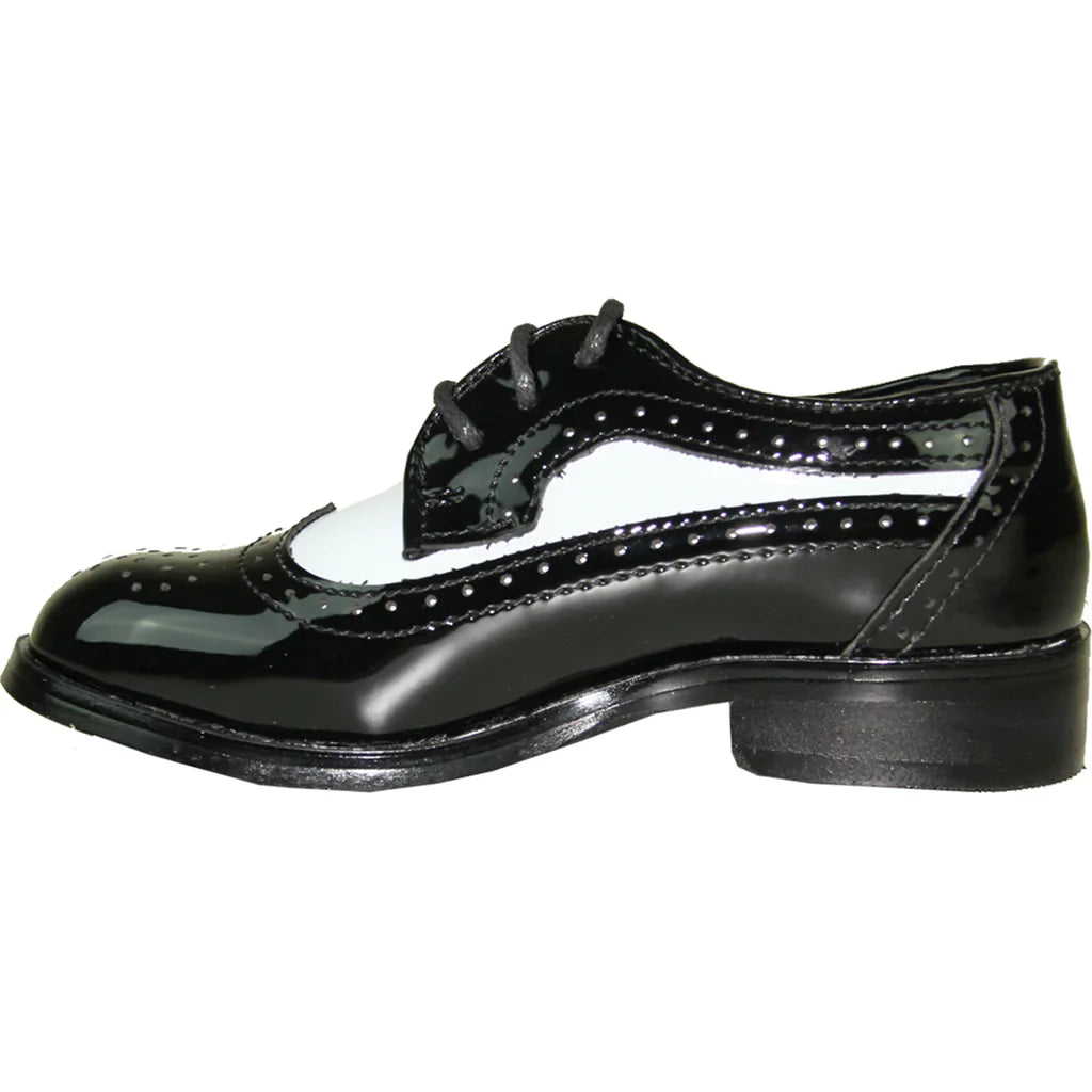 VANGELO Boy Dress Shoe TAB-3KID Oxford Formal Tuxedo for Prom & Wedding Black/White Patent Two Tone